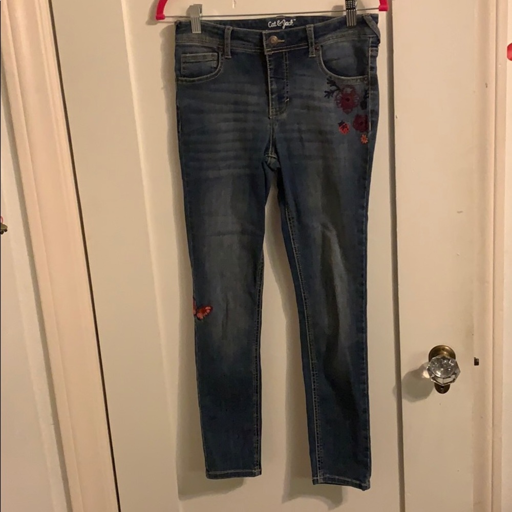 Girls embroidered jeans, butterfly and flowers.